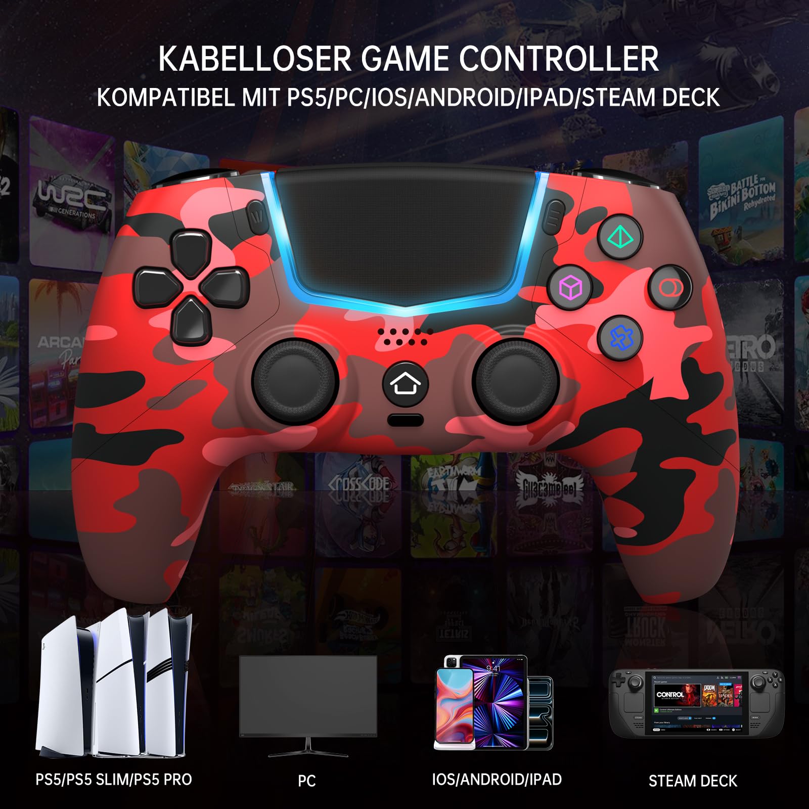 ancihdgm Wireless Controller Kompatibel mit PS-5/Pro/Slim/PC,Ersetzt den PS-5 Controller unterstützt Hall-Effekt-Joysticks/Hall-Triggern/6-Achsen-Gyros/Dual Vibration/Turbo,Rot