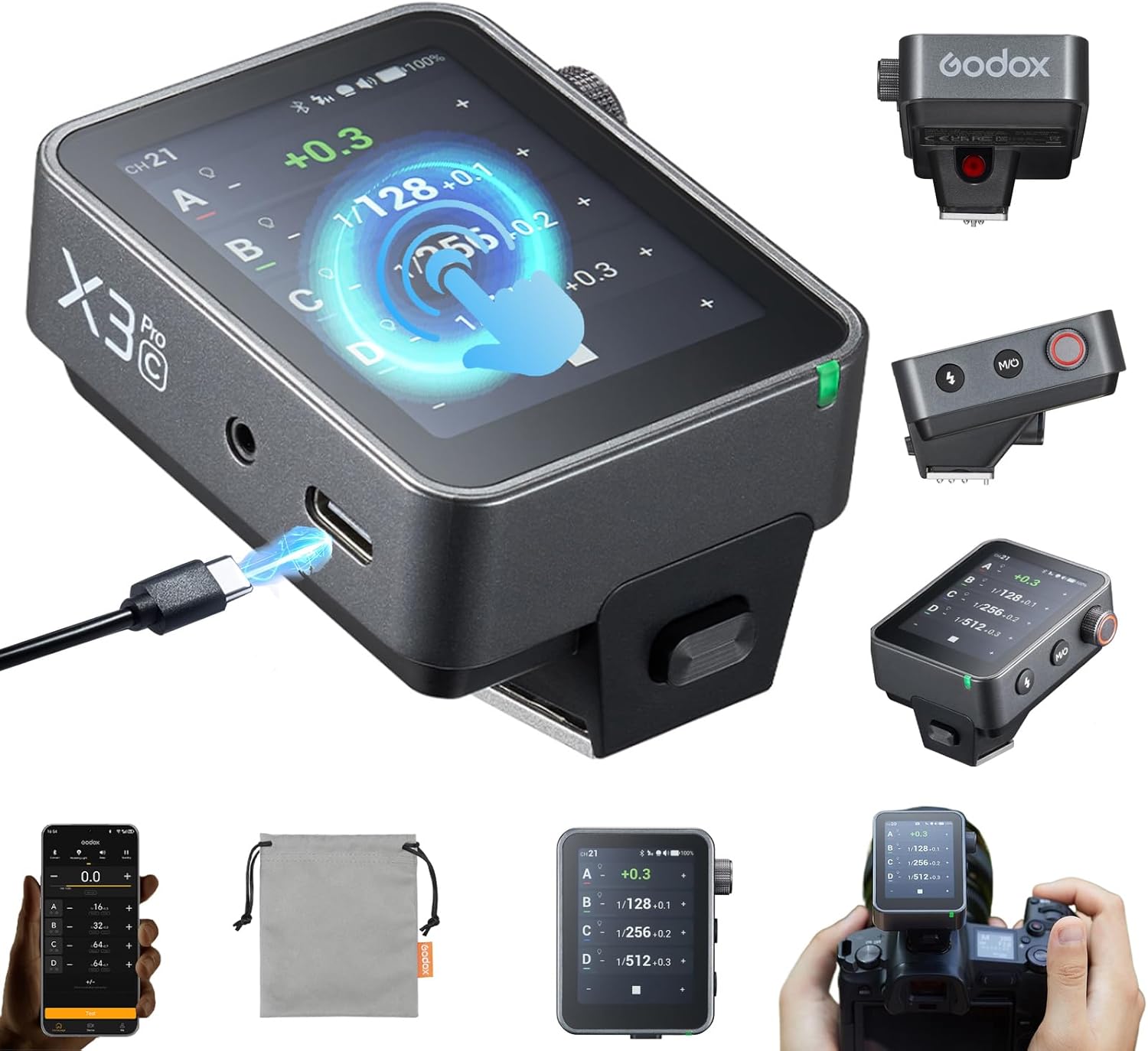 Godox X3 Pro C X3Pro C TTL Wireless GODOX Trigger for Canon, 2.4'' LCD Touchscreen,Built-in 2930mAh Li-ion Battery,2.4GHz Wireless X System with 3 Pro Shooting Modes,APP Support,USB-C Fast Charging