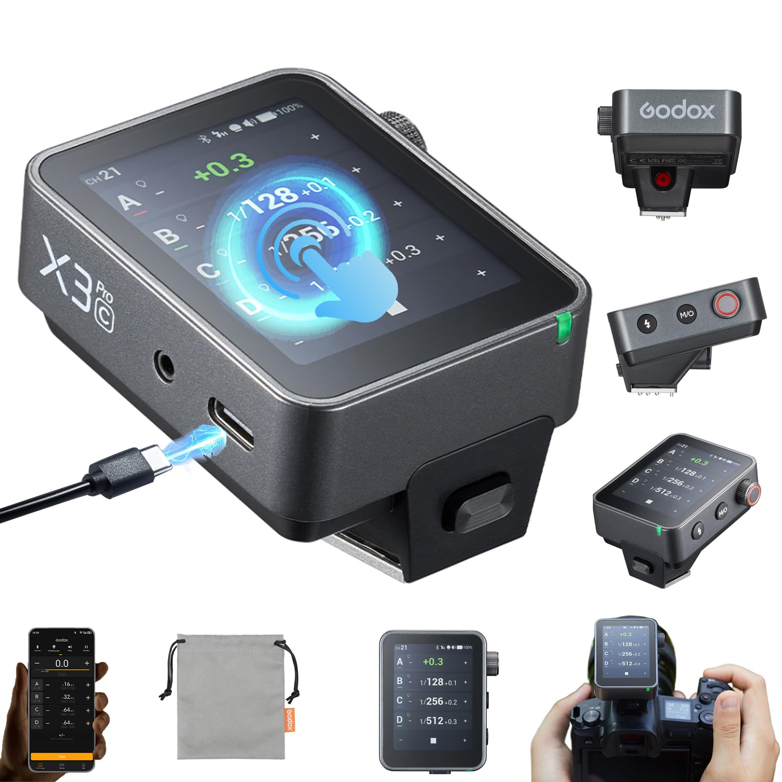 Godox X3 Pro-C X3Pro C TTL Disparador de flash inalámbrico para Canon, pantalla táctil LCD de 2.4 pulgadas, batería de iones de litio integrada de 2930 mAh, sistema X inalámbrico de 2.4 GHz con 3