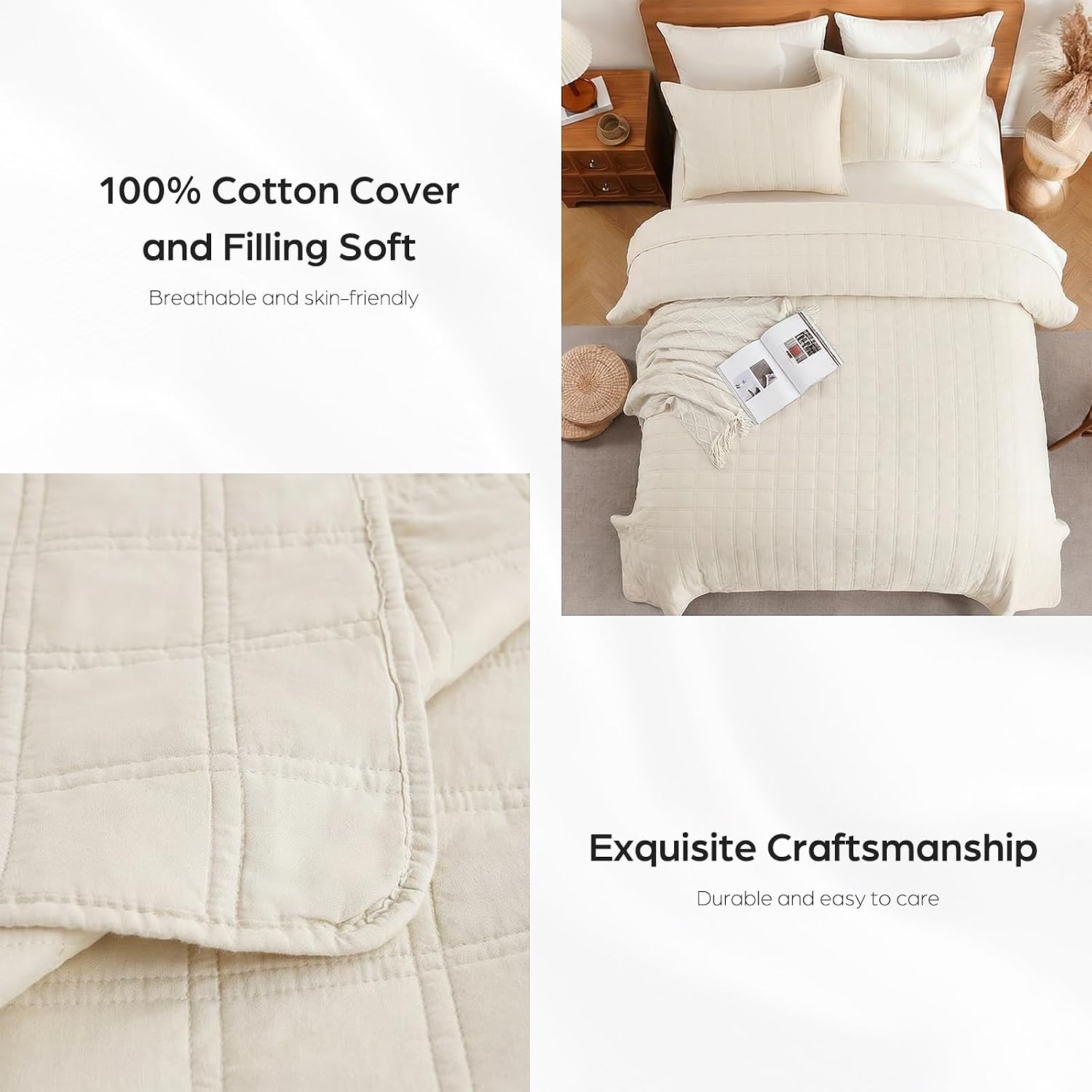 100% Cotton Quilt King Size Bedding Set, 3-Piece Lightweight Bedspread Coverlet Sets with Pillow Shams, Soft Matelasse Geometric Square Striped Quilted Comforter Set for Spring Summer