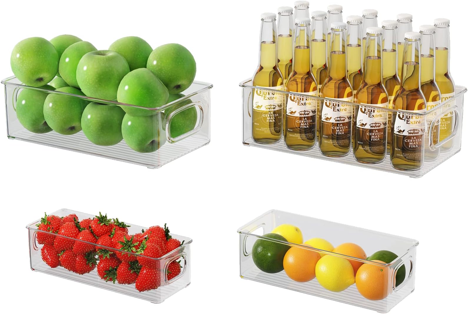 FINEW Fridge Organisers, 4 Pack Kitchen Organisation Storage Bins, Clear Cupboard Organiser with Handles for Pantry, Cabinet, Freezer - BPA-Free Storage Container