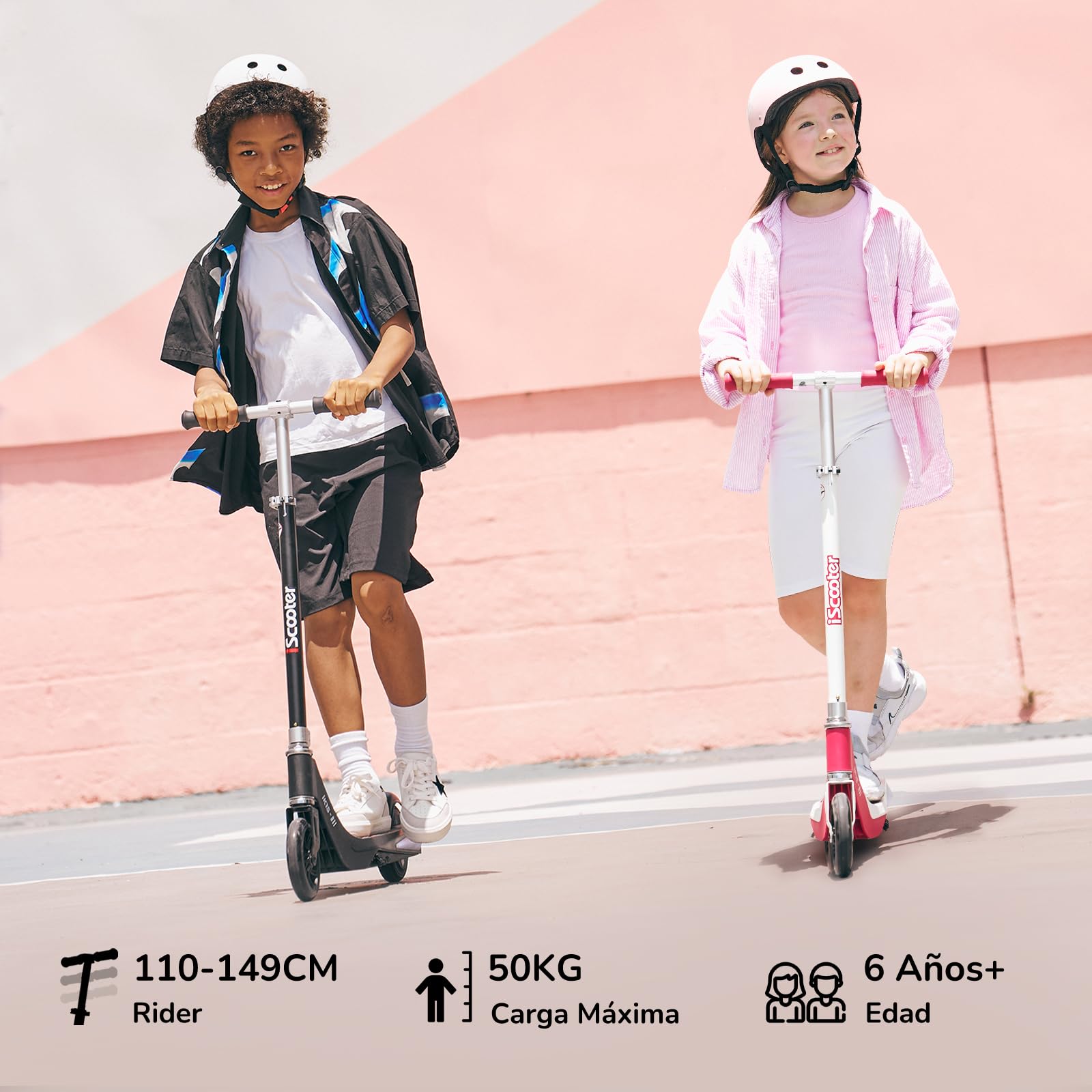 iScooter - Patinete eléctrico Infantil de 6 a 10 años, 2 velocidades, 10/15 km/h, Rueda Delantera Luminosa y LED, Multicolor, Altura Ajustable en 3 Niveles, Carga máxima: 50 kg