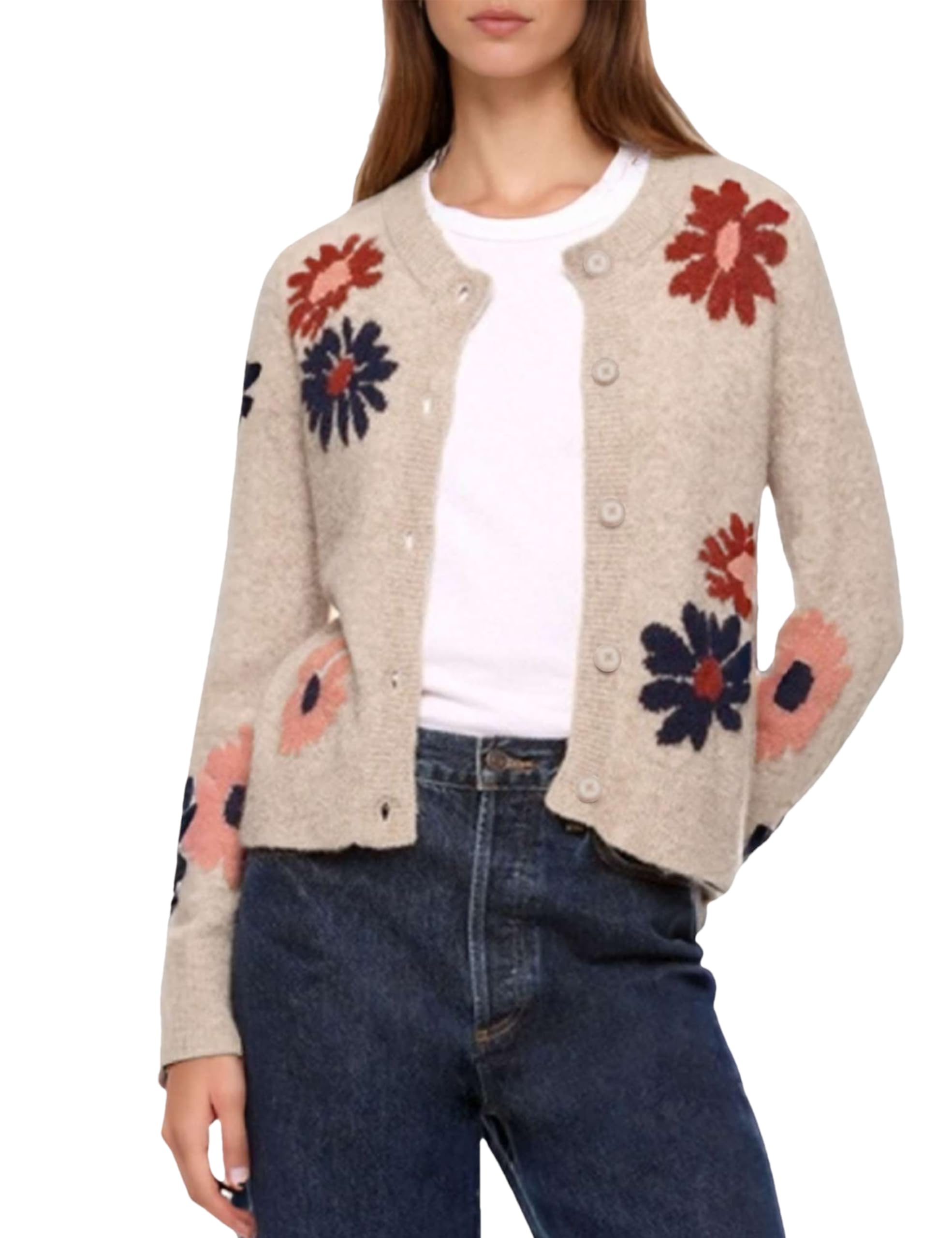 Cardigan Sweaters for Women Cropped Button Down Sweater Long Sleeve Crew Neck Knit Floral Print Outwear