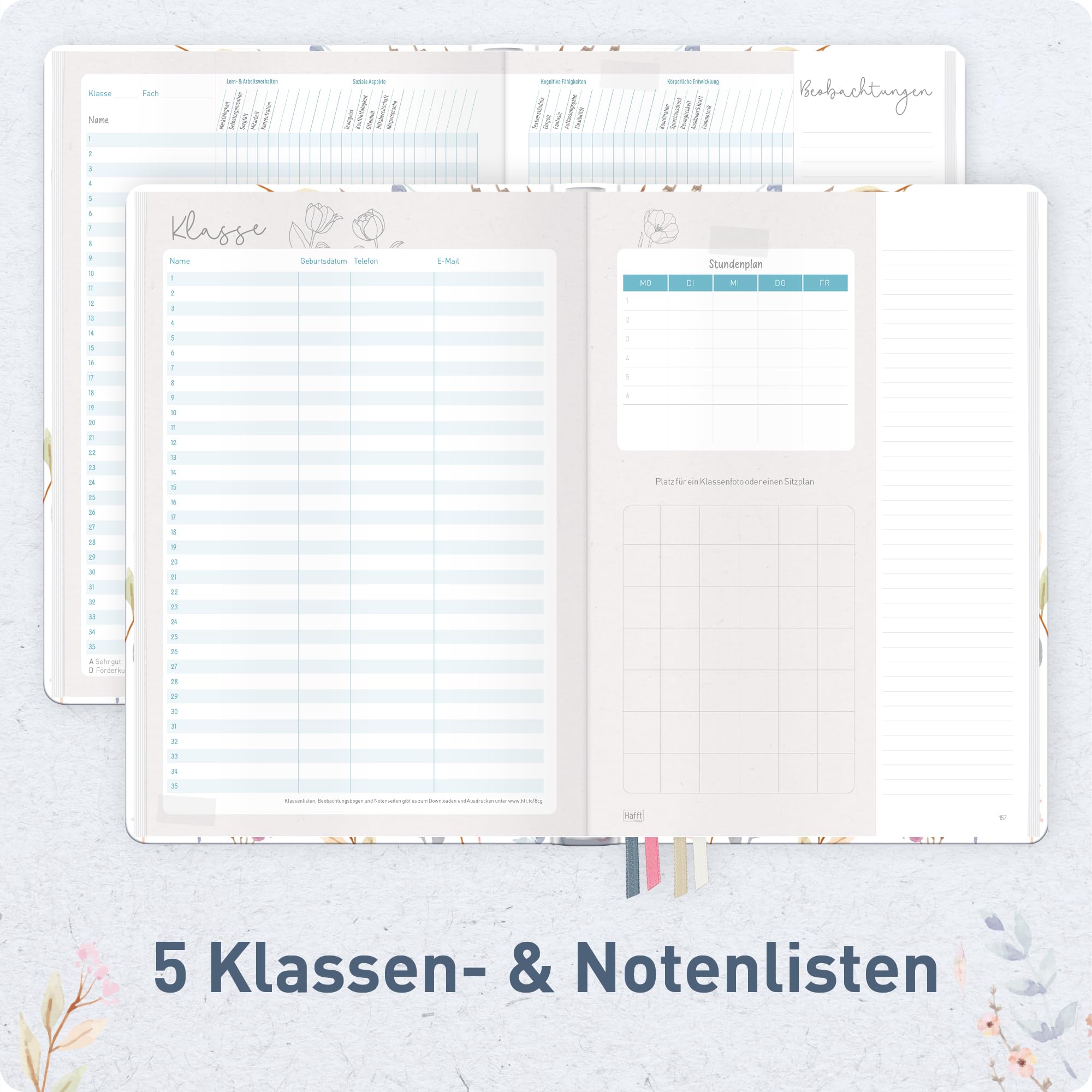 Häfft® Lehrerplaner Grundschule 2026/2027 im A4+ Format Hardcover - Schuljahr 12 Monate (Aug 26 - Jul 27) Lehrerkalender & Unterrichtsplaner für Klasse 1–4 "Sweet Flowers"