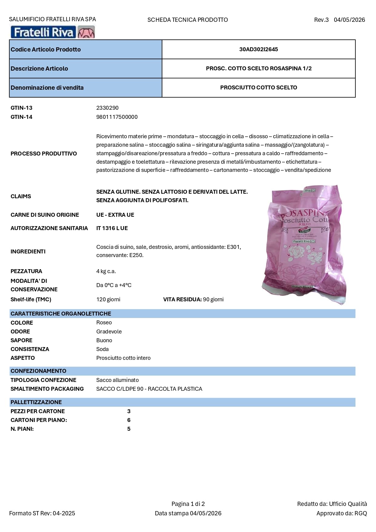Prosciutto Cotto Rosaspina 3,8 kg – Alta Qualità, Delicato e Morbido – Ideale per Gastronomia, Panini e Ristorazione