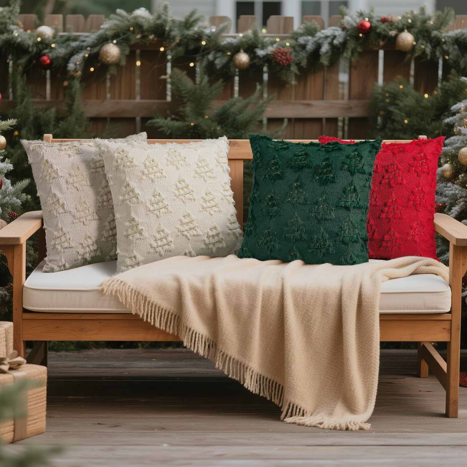 Artmag Christmas Pillow Covers 16x16 Inch Set of 2 Decorative Throw Pillow Case Soft Plush Faux Fur Xmas Tree Gold Lines for Holiday Winter Living Room Sofa Cream White - Image 4