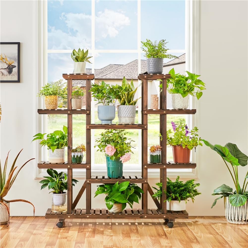 Yaheetech Étagère à Fleurs en Bois Supports de Pots à roulettes Porte Plante 9 Tablettes Escalier Présentoire de Jardin 124,5 x 33 x 120 cm
