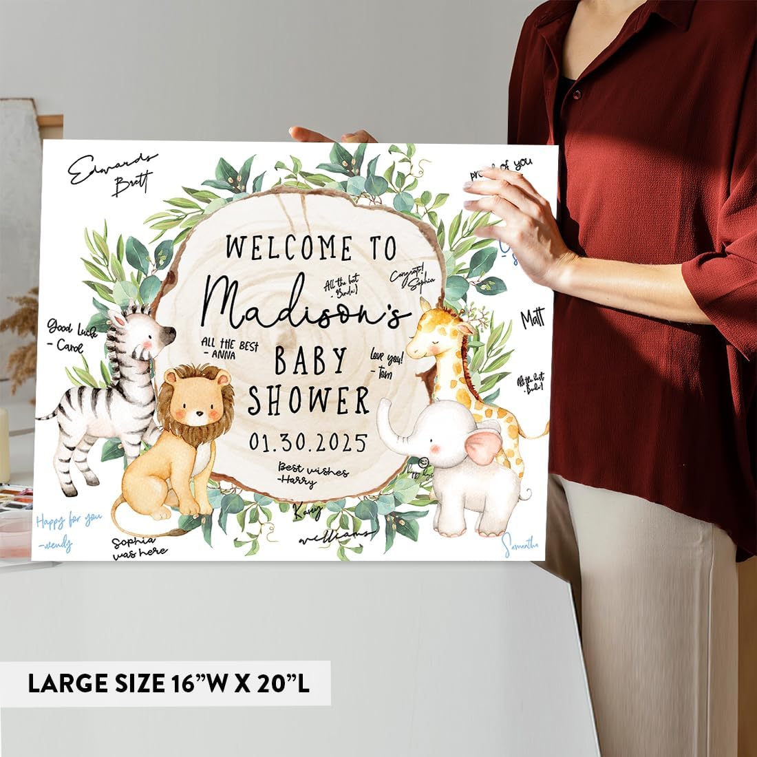 Andaz Press Custom Large Baby Shower Canvas Welcome Sign, 16 X 20 Inches, Rustic Greenery Safari Animals, Guestbook Alternative, Personalized Sign Our Canvas For Jungle Safari Baby Shower Welcome Sign