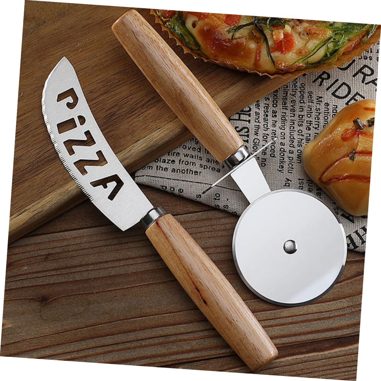 Cortador de Pizza y Rodillo de Acero Inoxidable 2 Piezas Mango de Madera, Rueda Giratoria Segura, Práctico para Hogar y Restaurante, Herramienta para Hornear Pizzas y Pasteles