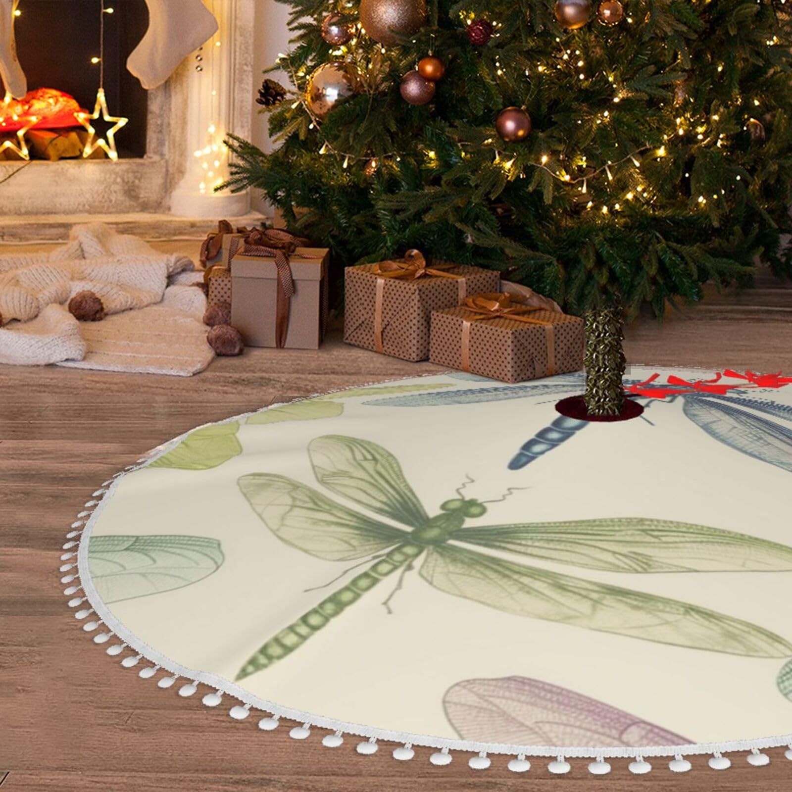 Jupe de sapin de Noël haut de gamme en peluche douce motif libellule chic 122cm