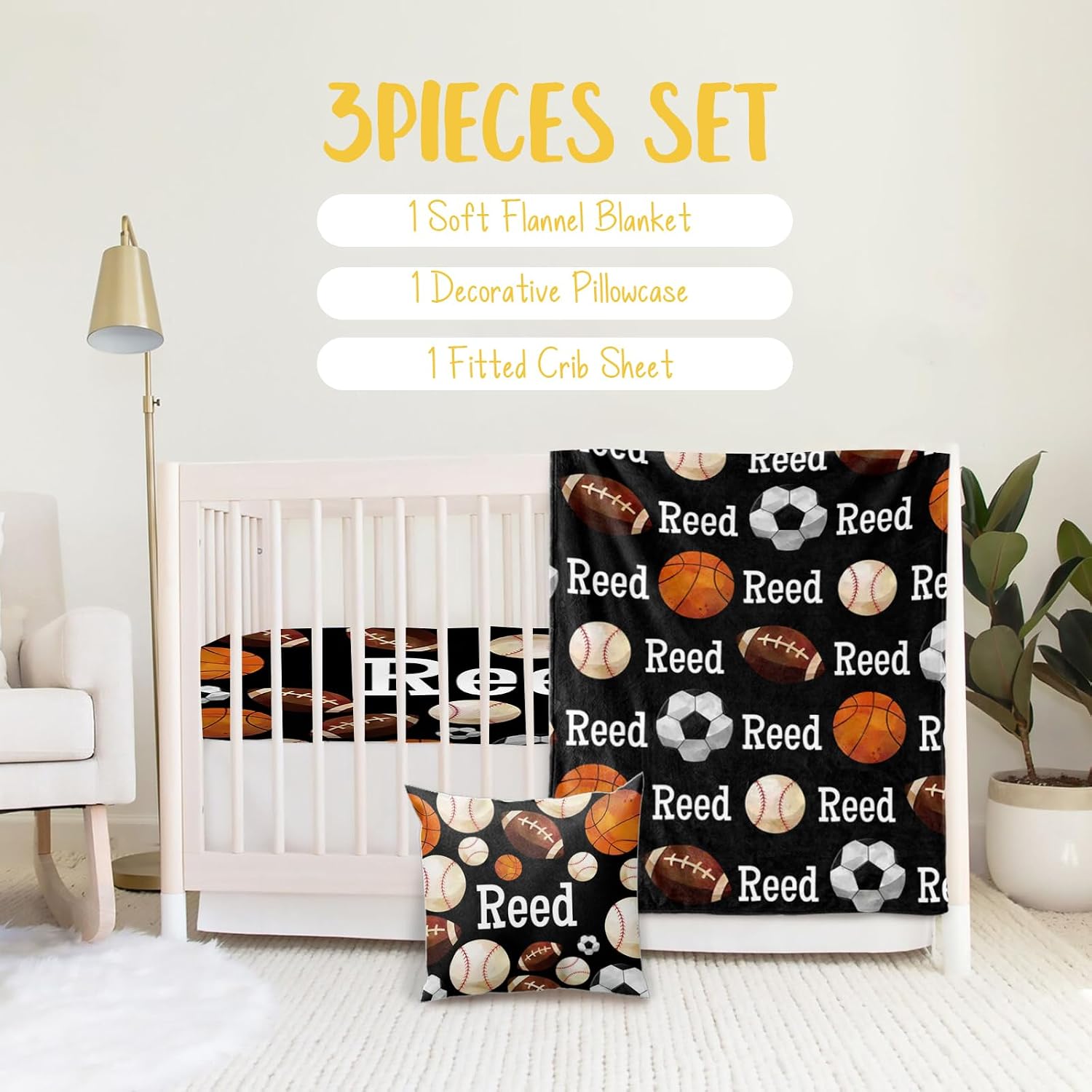Personalized Crib Bedding Set for Boys, Custom Name Football Theme Nursery Bedding 3 Piece Set - Soft Flannel Blanket, Warm Crib Sheet, Pillowcase for Girls Baby Newborns Customized Gift Black