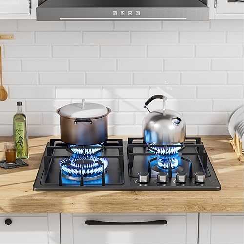 Miniatura 7 de FVBADE Placa de cocina de gas de 24 pulgadas con 4 quemadores, estufa de gas integrada de acero inoxidable con conversión NG/LPG de combustible dual