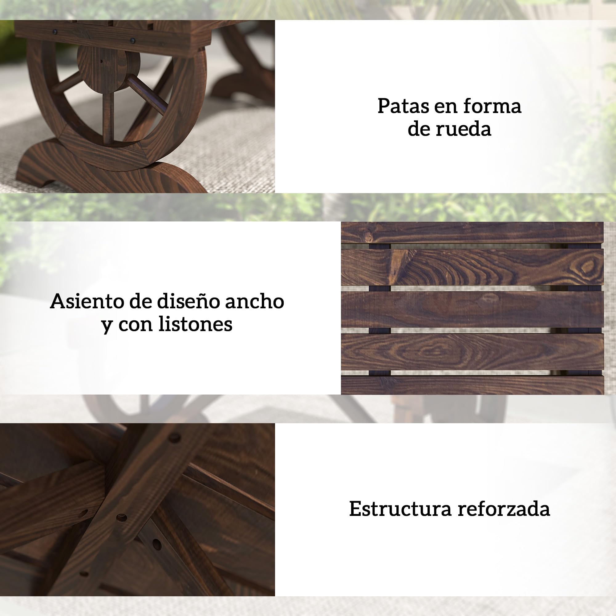 Outsunny Banco de Jardín de 2 Plazas Banco de Madera con Ruedas Decorativas Estilo Rústico Carga 250 kg para Patio Terraza Balcón 98x50x39,5 cm Carbonizado