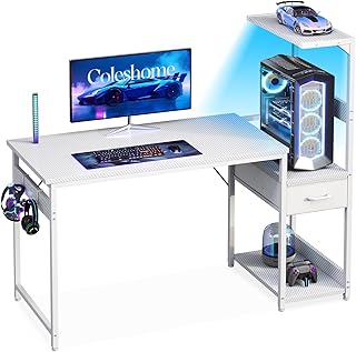 Coleshome 120×48 cm Gaming Desk with LED Lights, Reversible Computer Desk with Drawers & Display Shelves, Gaming Table wit…