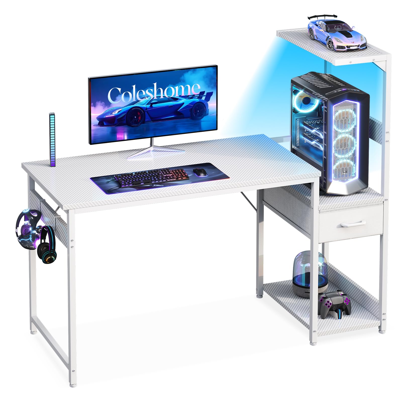 Coleshome 120×48 cm Gaming Desk with LED Lights, Reversible Computer Desk with Drawers & Display Shelves, Gaming Table with Headphone Hook, Carbon Fiber White