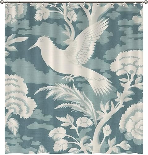 Miniatura 473 de Cortinas de ducha de baño con ganchos, 72 x 92 pulgadas, cortina de ducha de tela impermeable con diseño de flores y pájaros, cortina de ducha