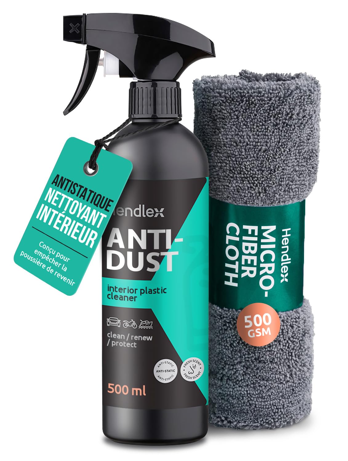 Hendlex Nettoyant Plastique Voiture 500 ML avec Chiffon Microfibre | Nettoie plastiques intérieurs et extérieurs, fini mat, effet antistatique, parfum frais, chiffon microfibre inclus