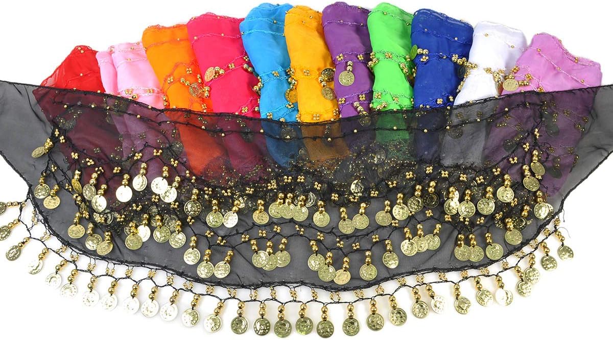 MontreeBelly Dance Hip Scarf with Coins Waist Costume Belt For Dancer Dancing 12 packs