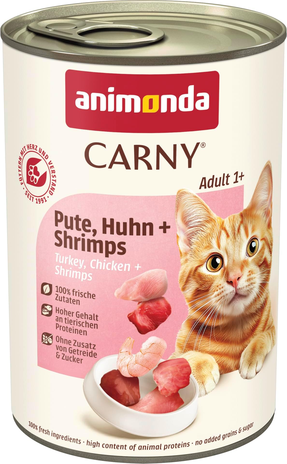 Adult cat food, wet food for adult cats, turkey, chicken + shrimp, 6 x 400g