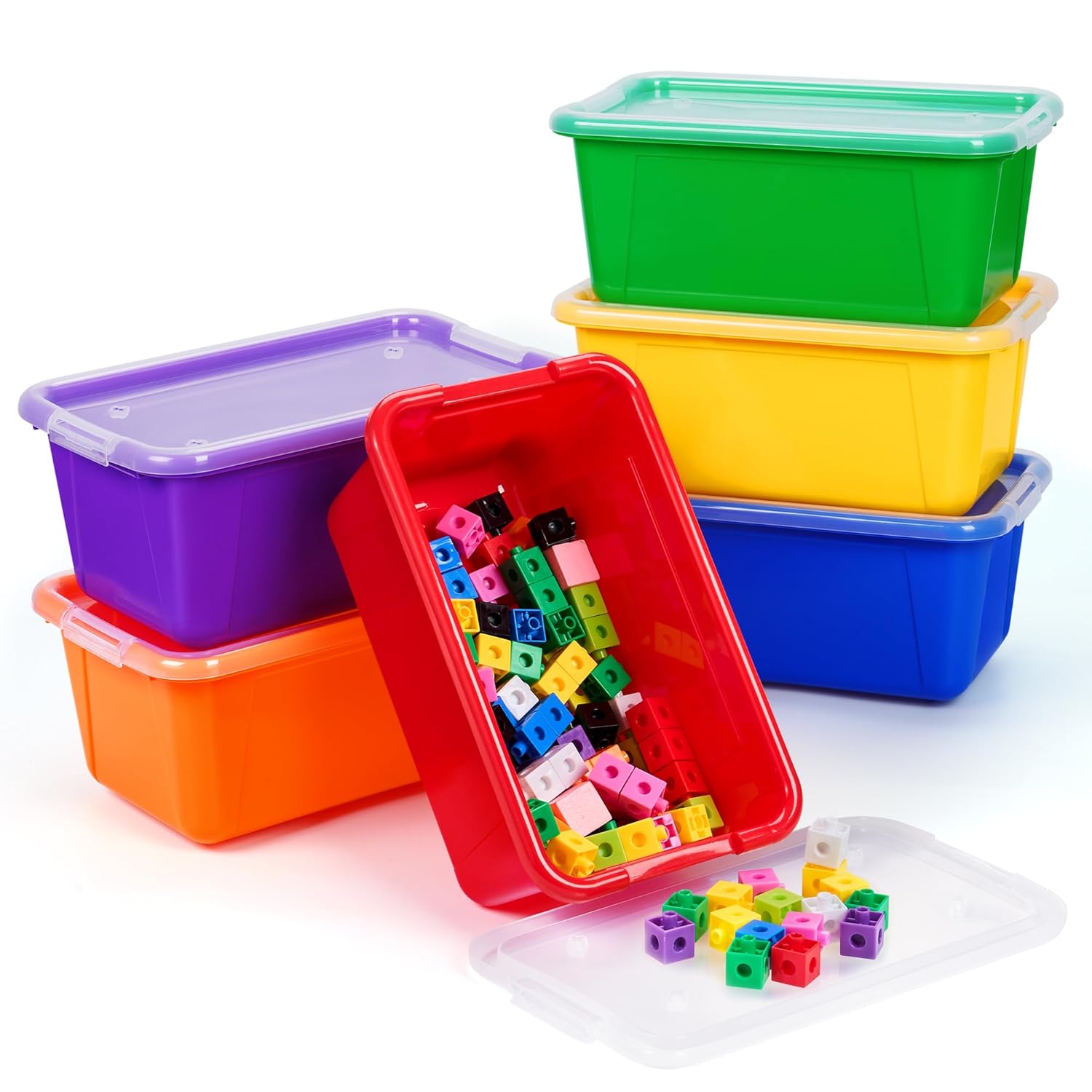 GAMENOTE 6 Quart Storage Bins with Lids 6 Pack Rainbow Plastic Latching Box for Classroom Kids Toy Storage
