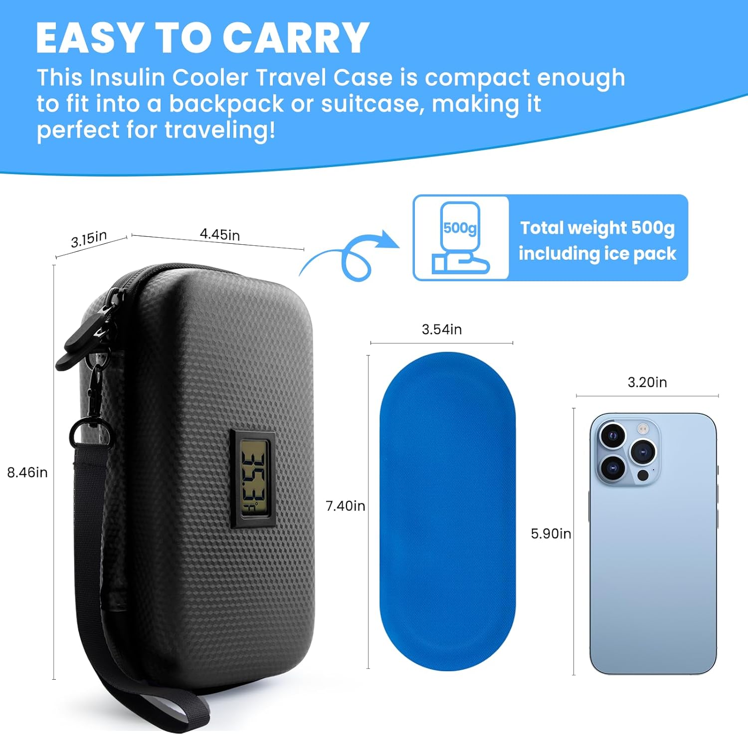 24h Insulin Cooler Travel Case - TSA Approved Medication Diabetic Cooler for Travel with Thermometer Temperature Display Refrigerated Medicine Organizer Bag with 2 Ice Pack