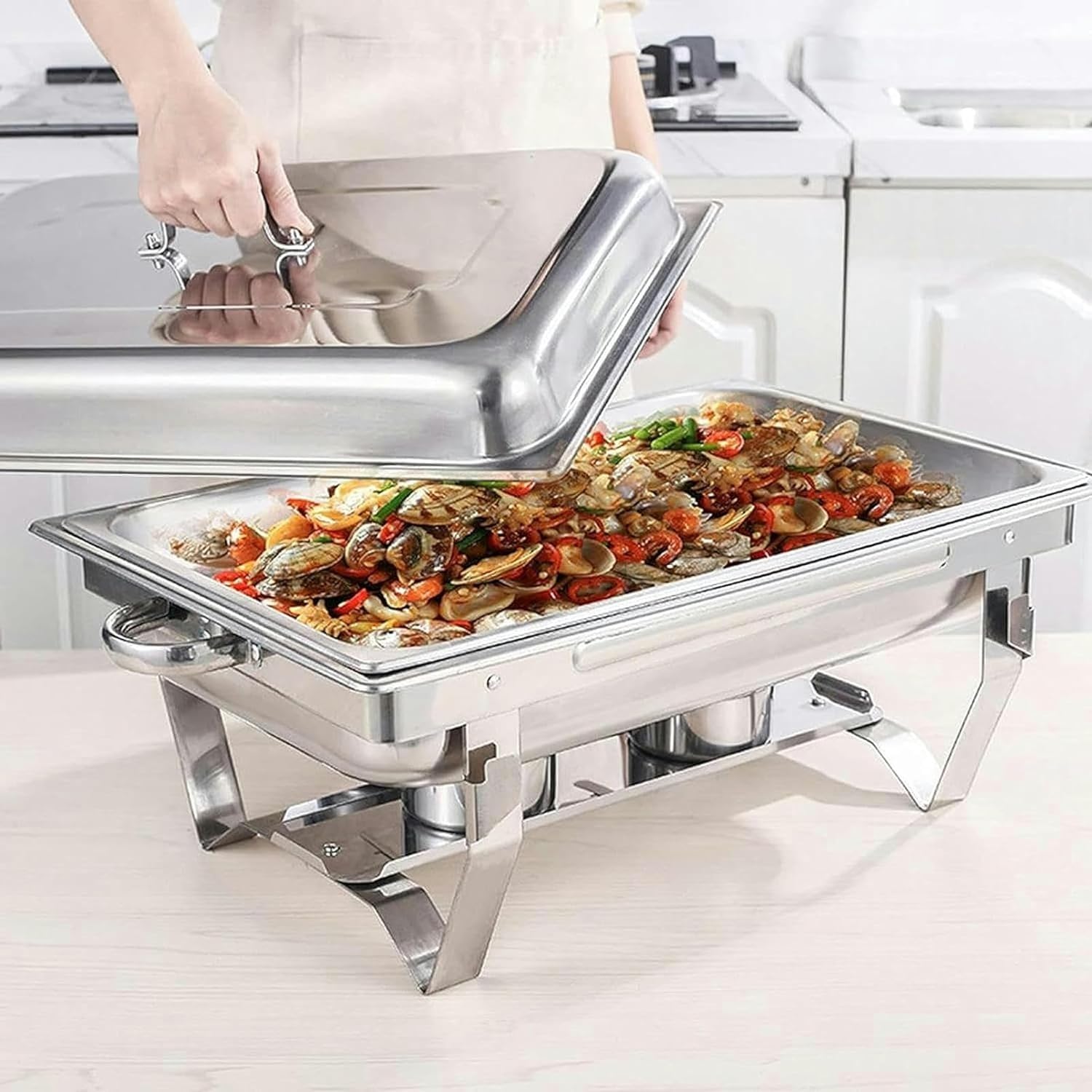Juego de calentador de buffet de acero inoxidable, calentador de alimentos de 11 litros con tapa abatible, estante de combustible y plato de alimentos para catering y eventos