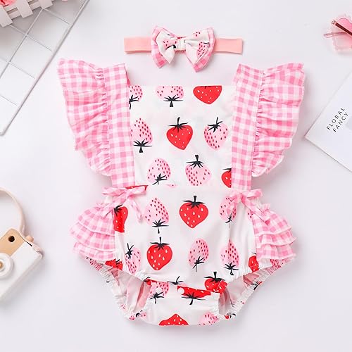 Miniatura 2 de IMEKIS Conjunto de ropa para bebé niña de primer cumpleaños con diadema de verano para sesión de fotos