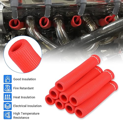 Miniatura 7 de Shinehome - Botas de alambre para bujías, funda protectora de calor para bujías de 2500 grados, 6 pulgadas, para SBC BBC 350 454, 8 unidades (rojo)