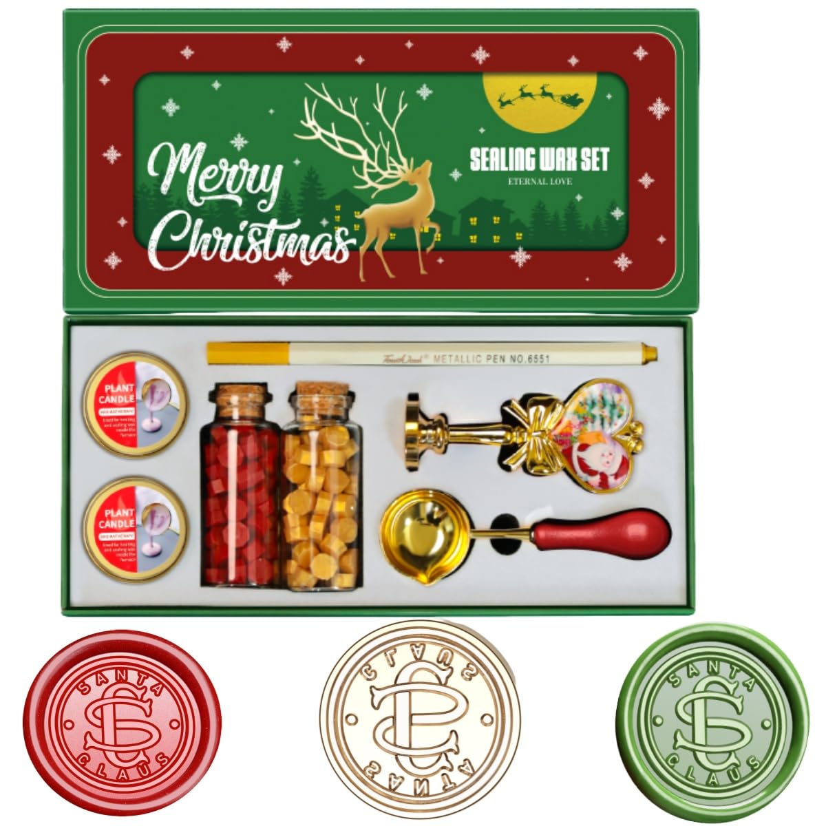 Kit de sellos de cera navideños, Atopbb sello de cera de Santa Claus del Polo Norte oficial con caja de regalo navideña, juego de sellos de cera navideños con 2 botellas de perlas de sello de cera (2A