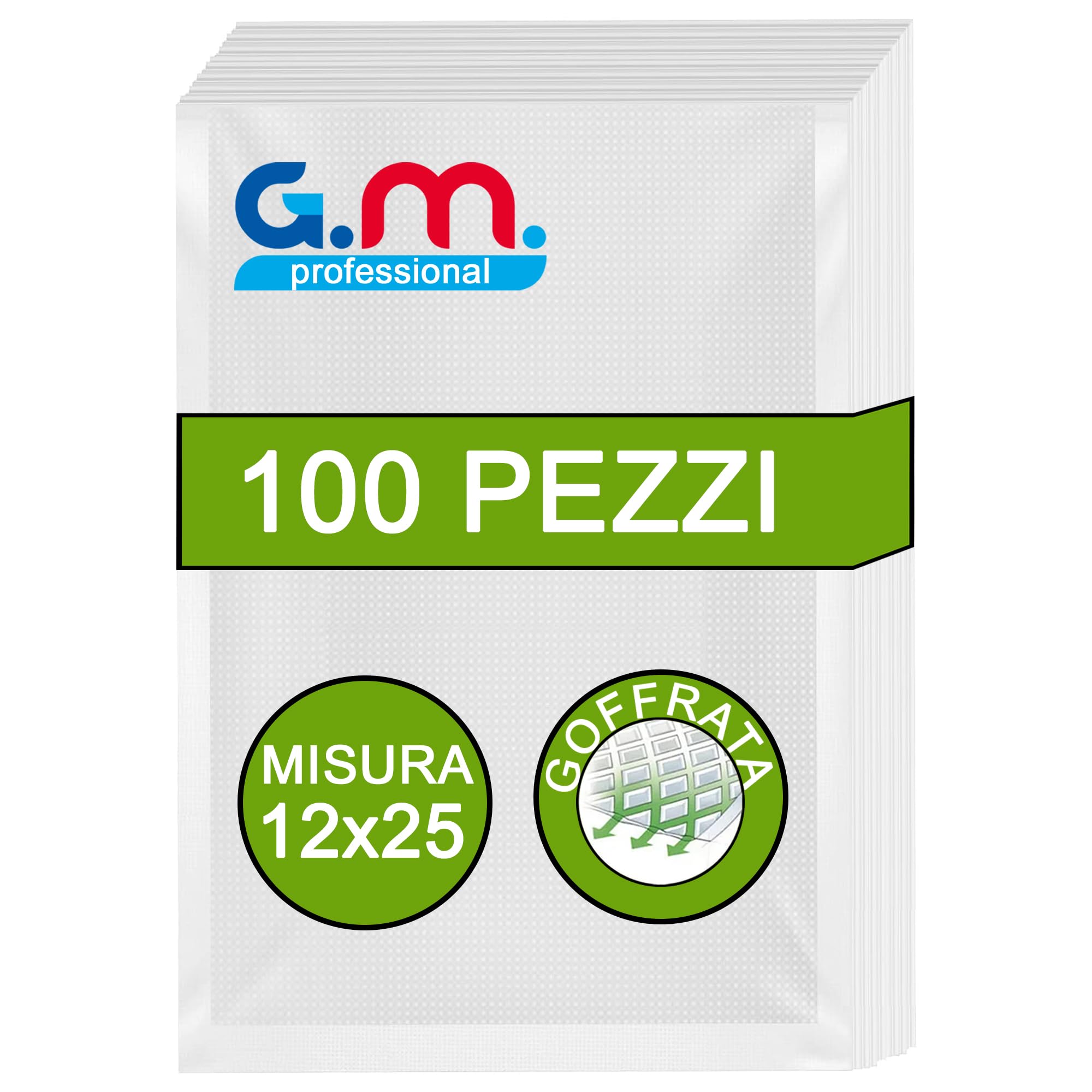 GM 100 Sacchetti Sottovuoto Goffrati per Alimenti, Misura 12x25 cm per Tutte le Macchine Sottovuoto, Buste Sottovuoto per Conservazione Alimenti e Cottura, Senza BPA