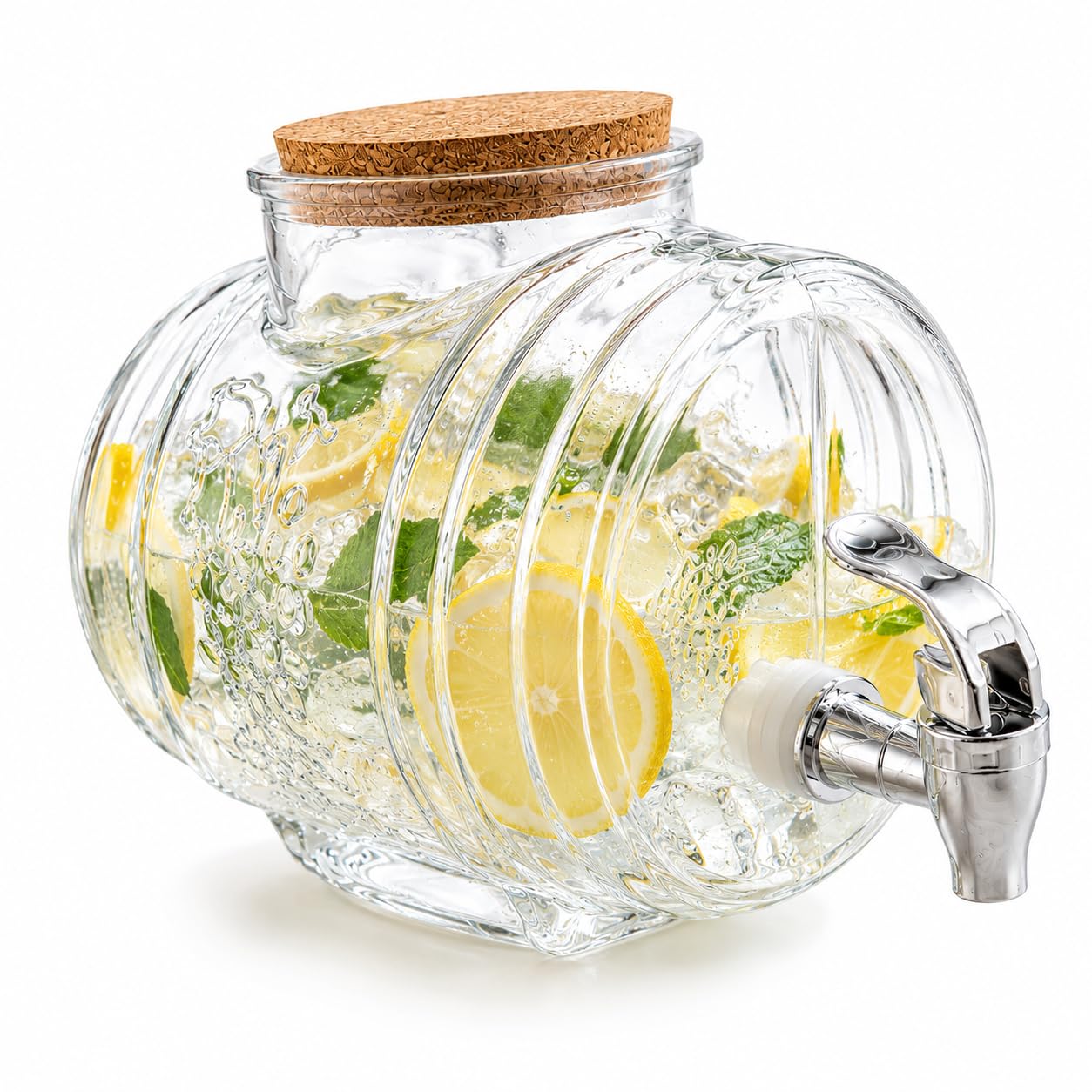Dispensador de Bebidas de Cristal con Grifo 2,9L, Barril de Vidrio con Tapa de Corcho Ideal para Sangría Cócteles Agua con Frutas y Té Helado para Fiestas, Reuniones y Celebraciones