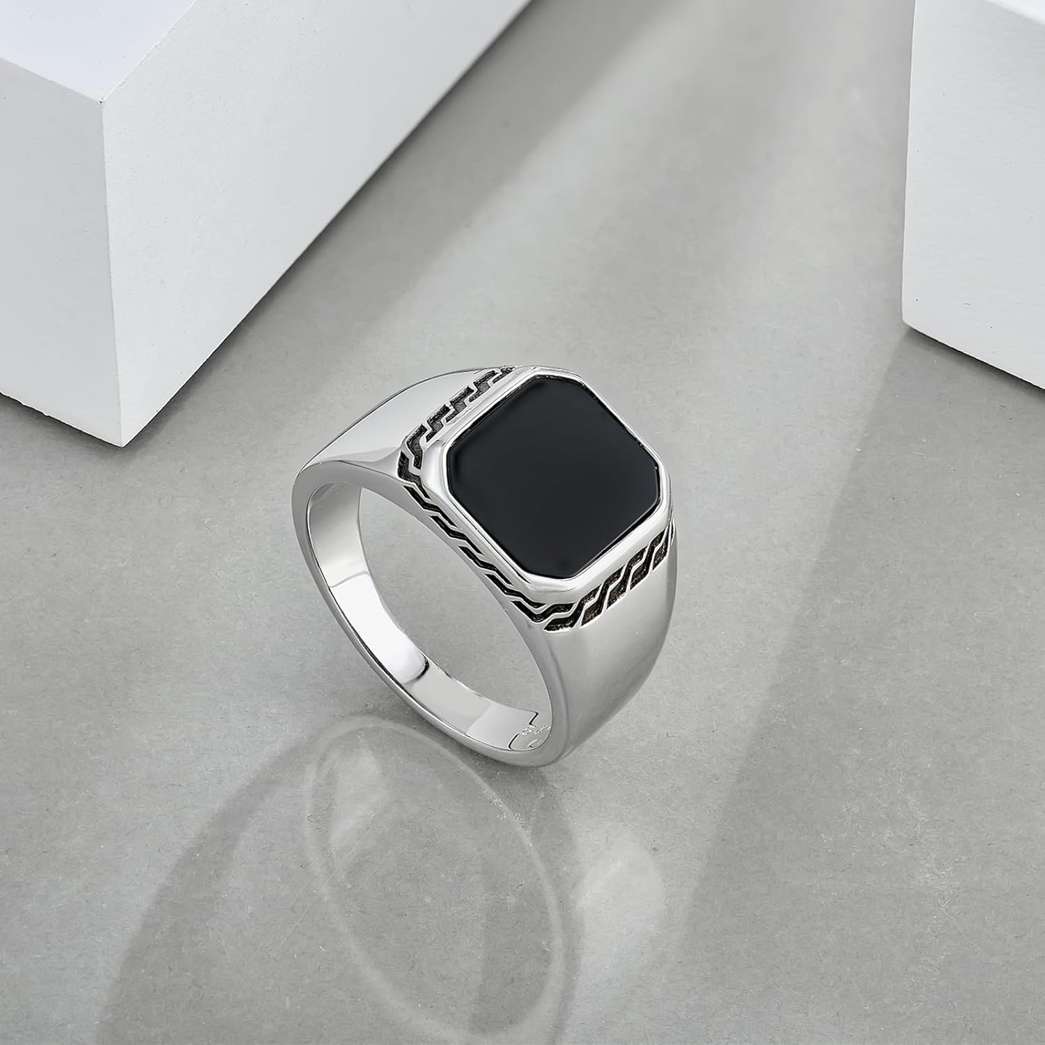 STARCHENIE Men's Genuine Black Onyx/Turquoise/Tiger Eye Sterling Silver Ring Vintage Square Gemstone Signet Pinky Ring for Men Jewelry Gift for Him Size 7-12 - Image 4