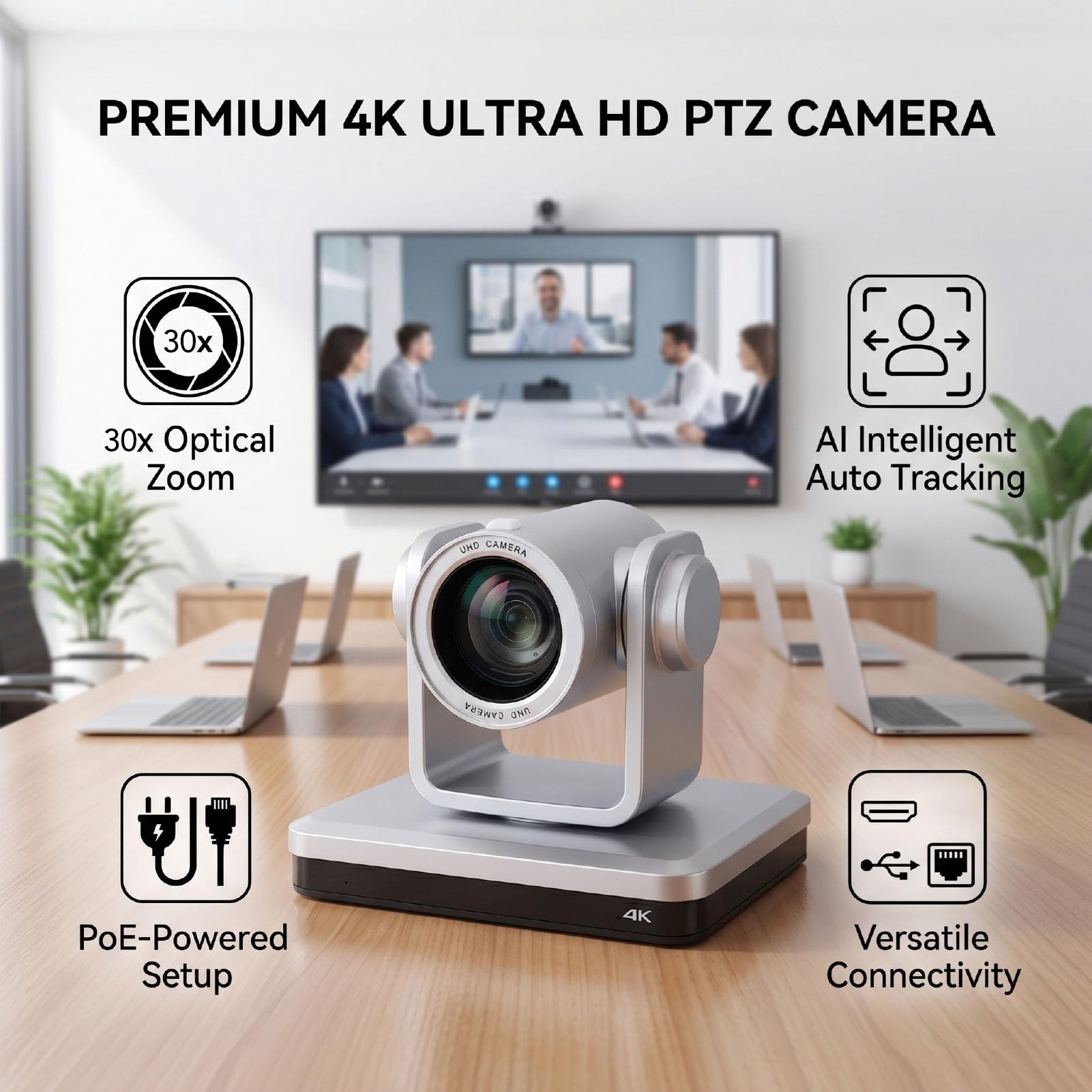 Sxhlseller Telecamera PTZ 4K, con Zoom Ottico 30x |Telecamera per Videoconferenza con Tracciamento AI Ultra HD 60Hz, Uscita IP 3G SDI HDMI USB 3.0 (Spina europea)