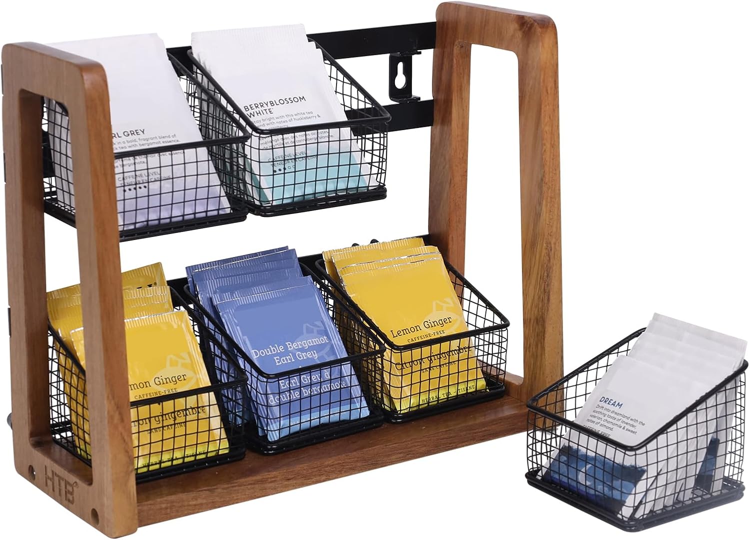 HTB 2 Tier Tea Organizer for Tea Bags, Tea Bag Holder with Acacia Wood Stand and 6 Removable Metal Basket for Sugar Packets, Sweeteners, Creamers for Cabinet, Countertop or Wall-mounted