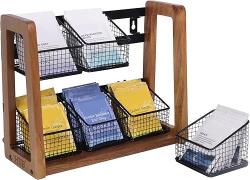 Miniatura 7 de HTB Organizador de bolsas de té de carrusel para mostrador, soporte para bolsas de té de 2 niveles con 6 cestas de té extraíbles y estación de