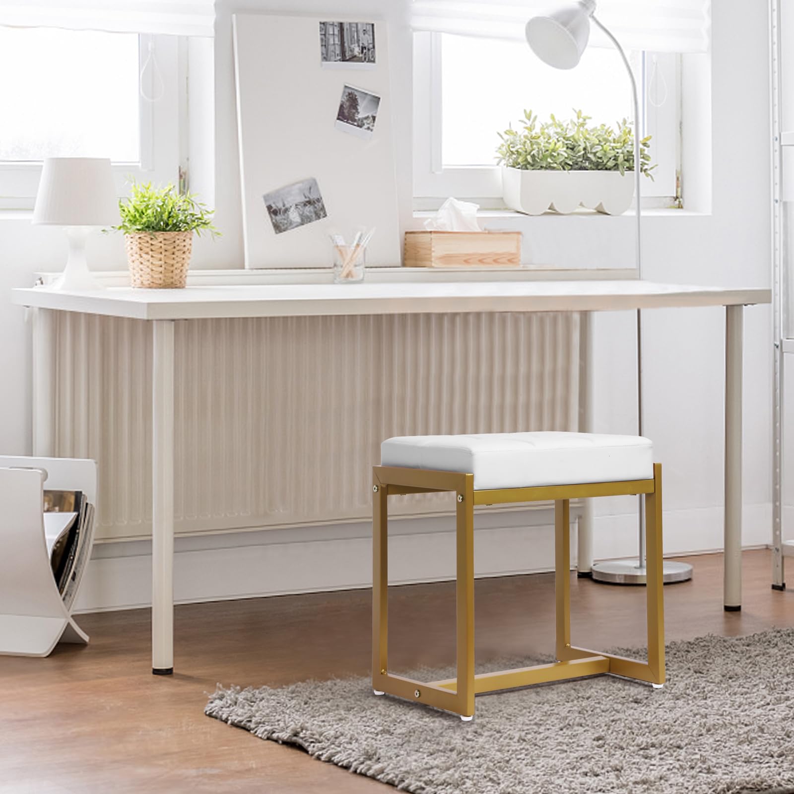 HYCFYJR Taburete De Maquillaje Con Patas De Metal, Pequeño Taburete De Maquillaje De Cuero Sintético, Asiento Rectangular Otomano Reposapiés Para Vanidad, Sala De Estar, Dormitorio, Entrada