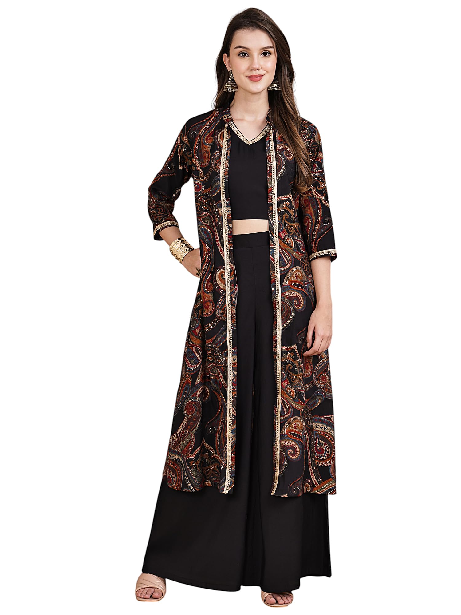 claura Women's Ethnic Coord Set with Printed Long Jacket, Crop Top and Palazzo Pants, Black with Paisley Print, 3 Piece Set-picture-40