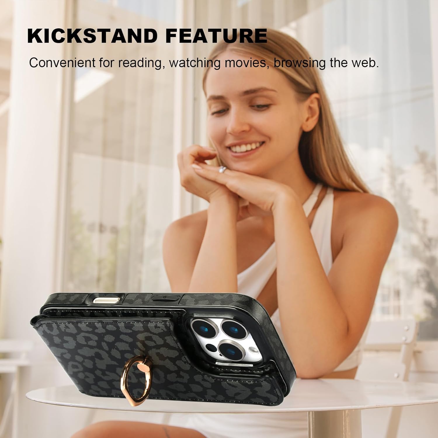HAOPINSH for iPhone 16 Pro Wallet Case with Card Holder, 360°Rotation Ring Kickstand, Black Leopard Pattern, RFID Blocking Leather for Girls Women, Double Buttons Protective Cover 6.3"
