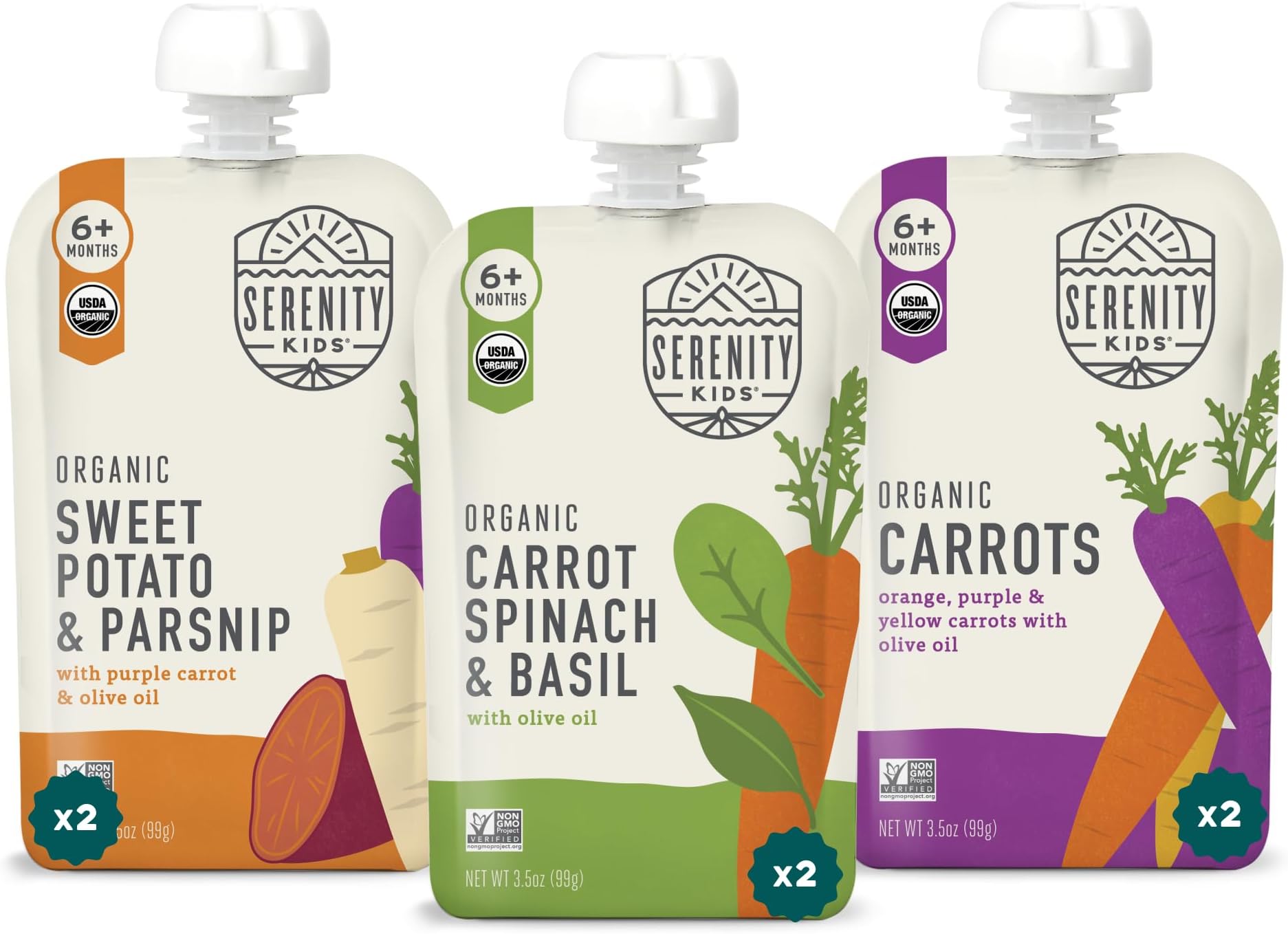 Serenity Kids 6+ Months Baby Food Pouches - Garden Veggies Variety Pack, 3.5 Oz, Pack of 6 - USDA Organic Baby Food - No Added Sugar - BPA & Allergen-Free Snack Pouch