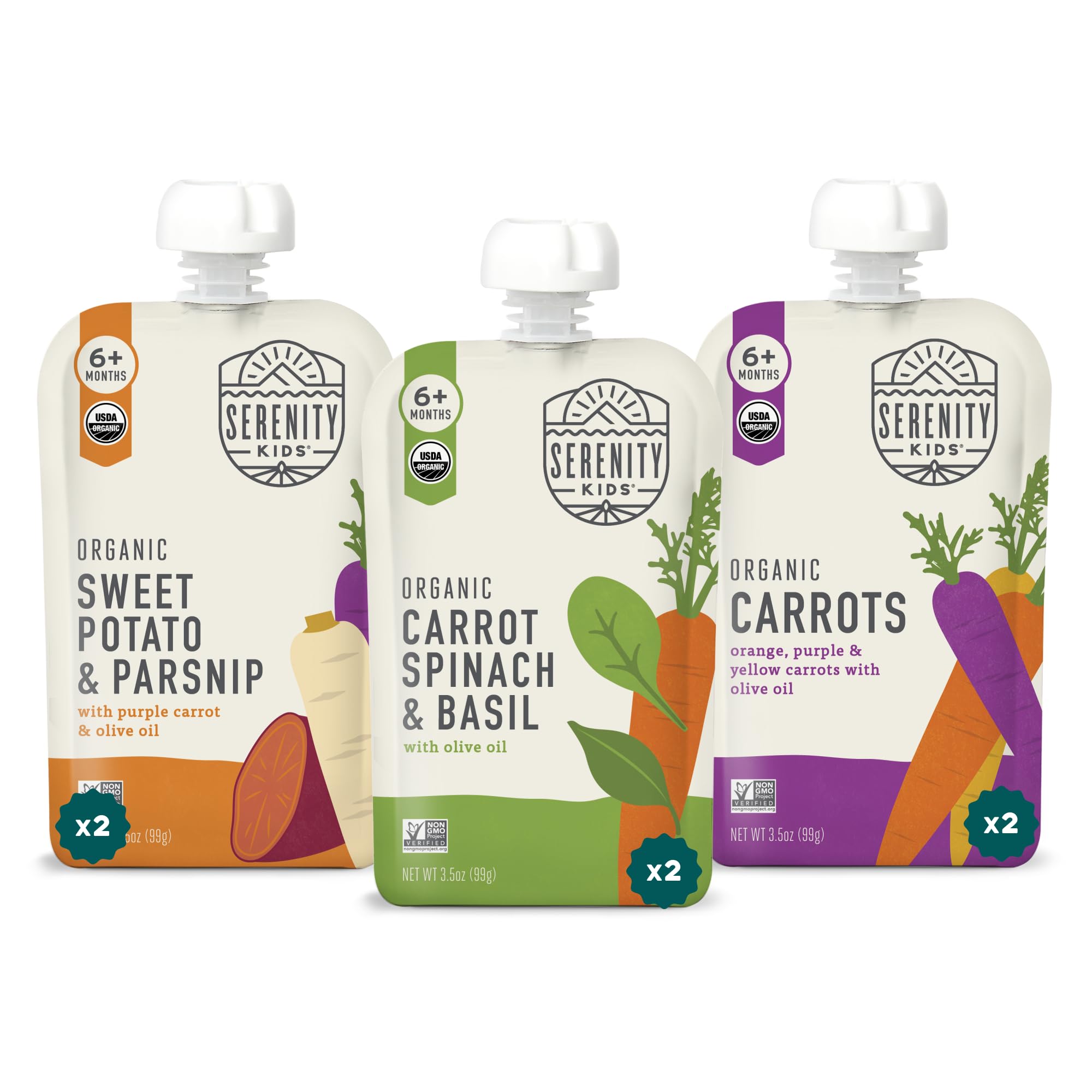 Serenity Kids6+ Months Certified Organic Baby Food Pouches Veggie Puree - No Sugary Fruits/Added Sugar - 3.5 Oz BPA & Allergen-Free Packaging - Garden Variety Pack - 6 Count Veggie Puree PouchesUSDA Organic
