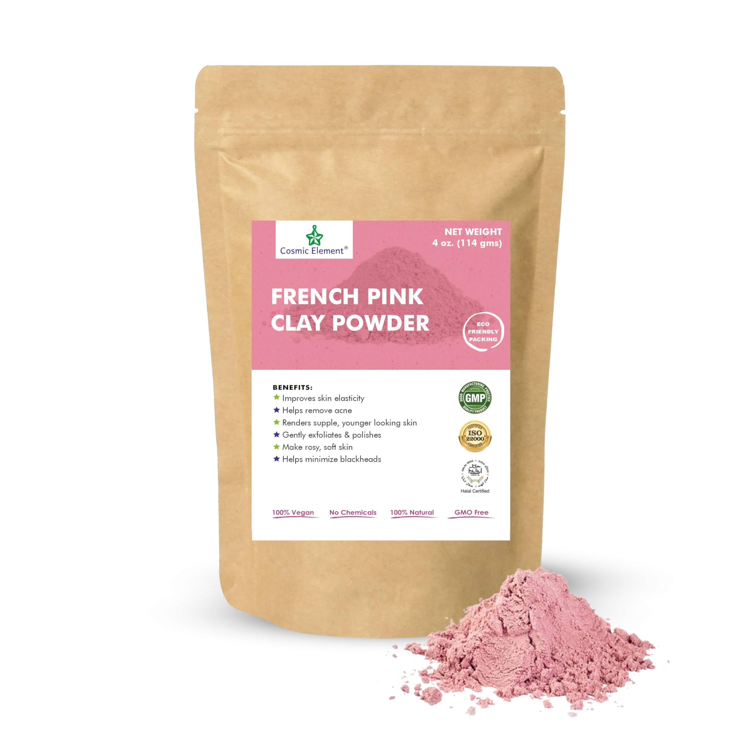 Cosmic Element French Pink Clay Powder – Montmorillonite Healing Face Mask for Blackheads & Pore Cleansing | Organic Food Grade Rose Pink Clay for All Skin Types – 4 oz