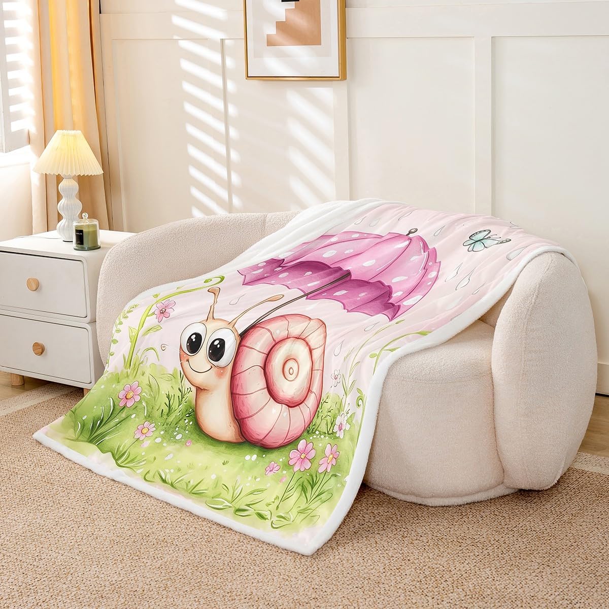 Erosebridal Kawaii Snail Fleece Blanket Girls Groovy Floral Print Throw 50"X60" Sherpa Blanket Pink Decor for Bedroom Cute Animals Wildlife Throw Blanket Cartoon Flannel Blanket for Bed Couch - Image 3
