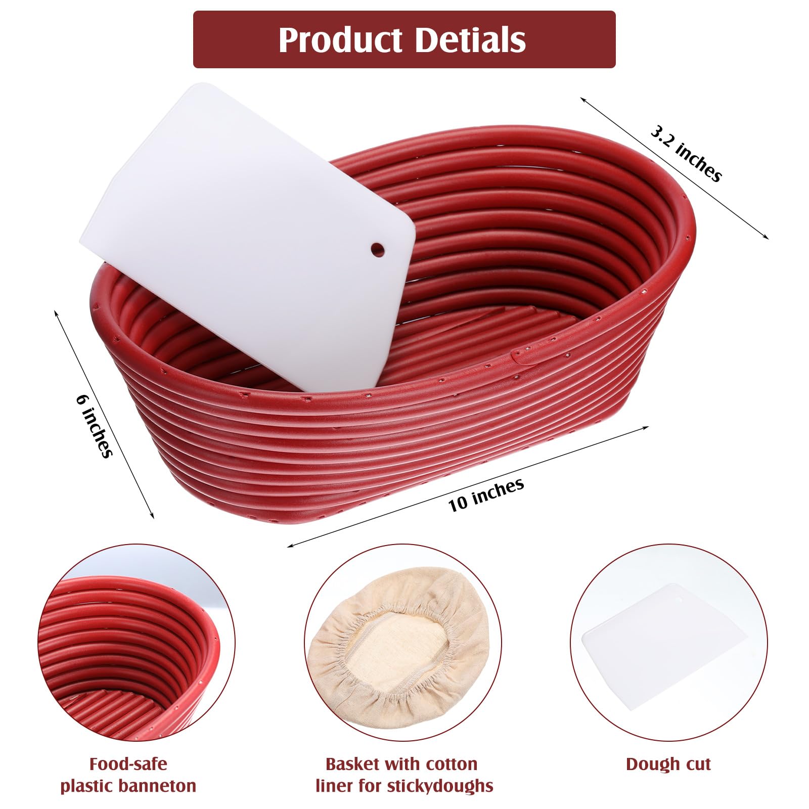 Hushee Set di 3 cestini ovali per lievitazione con raschietto, fodera in cotone, kit per la preparazione del pane, ciotola rossa per lievitazione del pane, strumenti per la preparazione del pane
