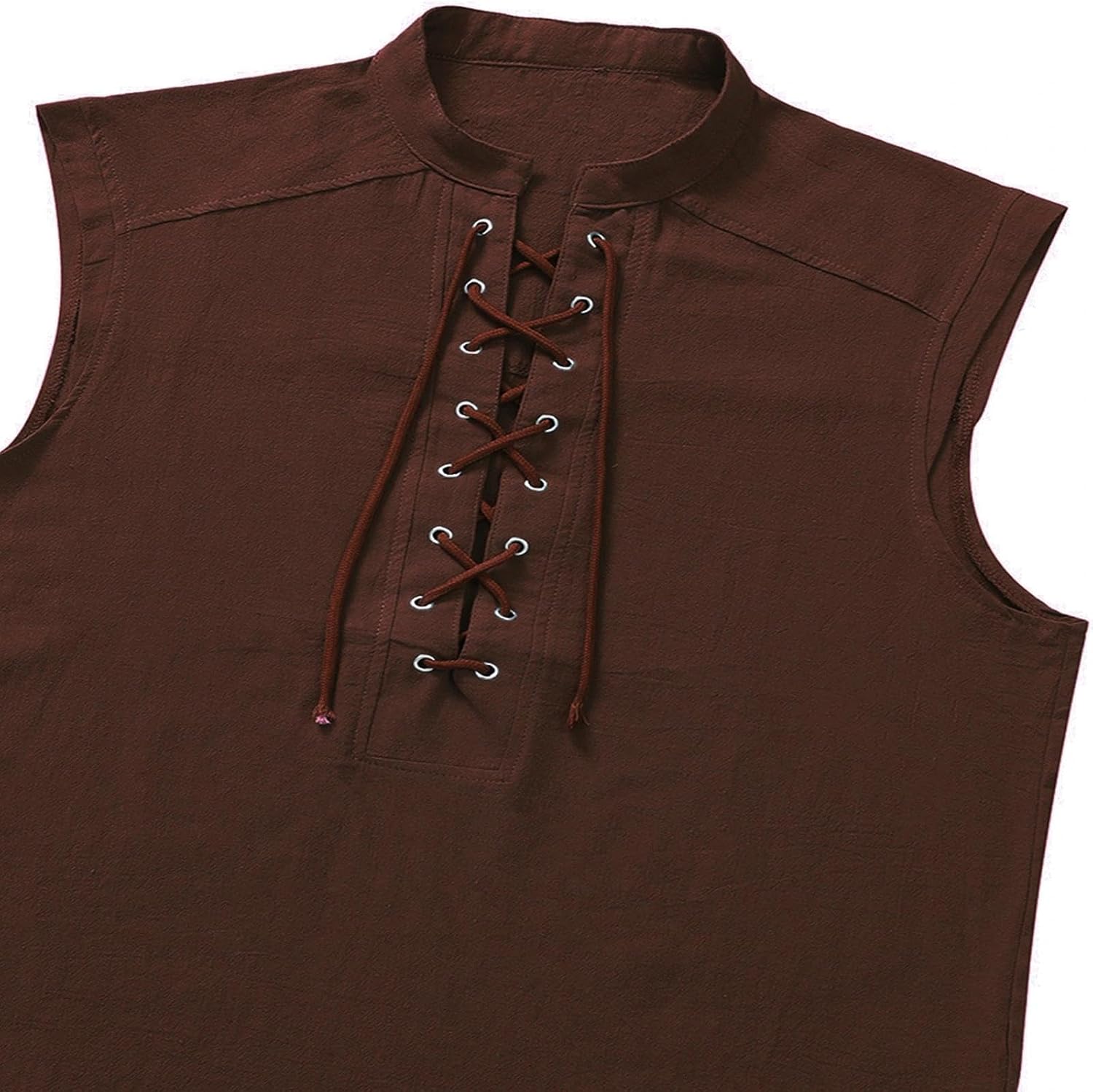 Mens Medieval Pirate Lace-up Sleeveless Shirt, Renaissance Viking Stand Collar Top, Steampunk Gothic Costume Tunic