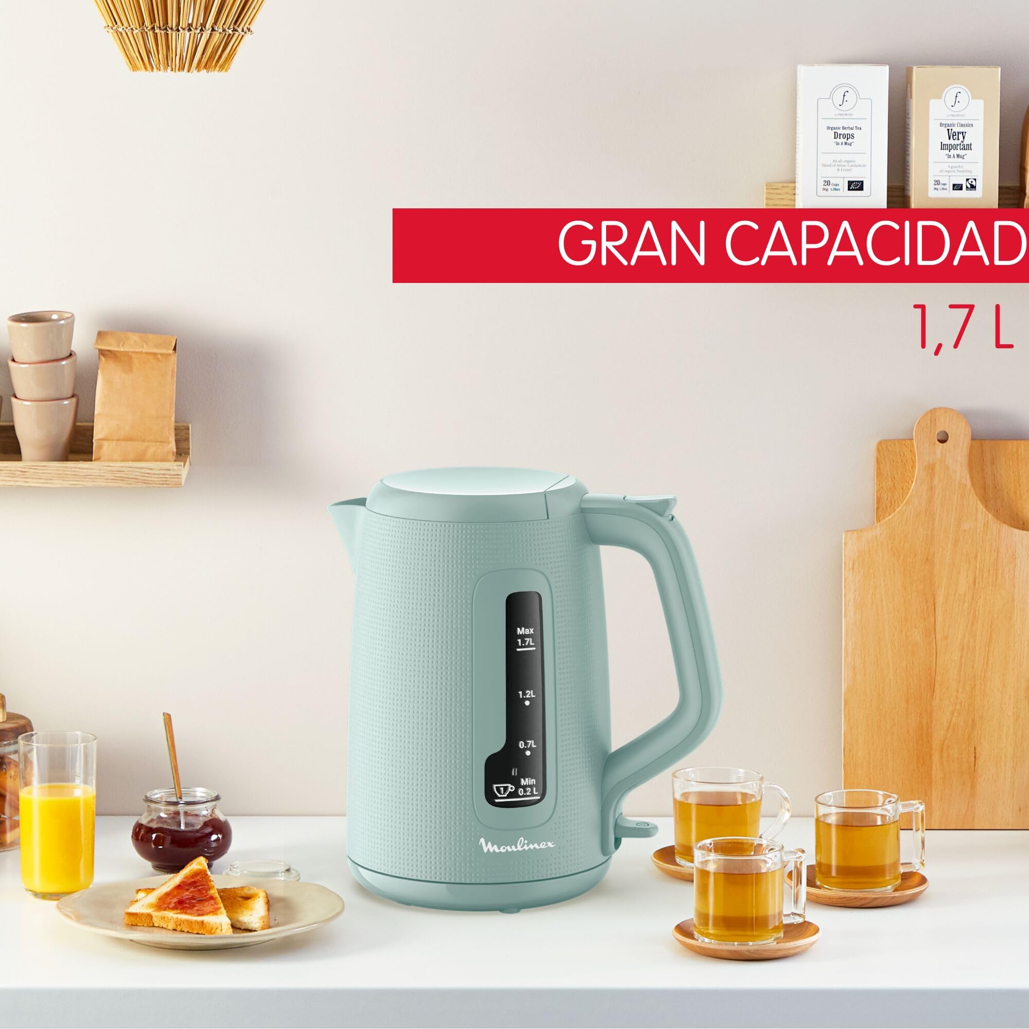 Moulinex Morning Plus 1.7 L – Hervidor eléctrico e inalámbrico, 2400 W, gran capacidad, medidor taza, medidor de agua, filtro antical, base giratoria, incluye infusionador, té e infusiones, BY2M13