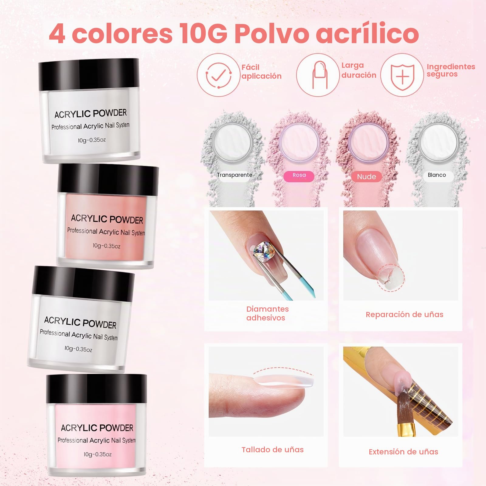Polvo Acrilico Para Uñas: 4 Colores Acrílico En Polvo Set 2 Dedos Ejercicio Ajustables Con 100 Puntas De Uñas/3 Lápices De Arte De Uñas/Pegatinas Florales/Archivo De Uñas Profesional Kits Completo