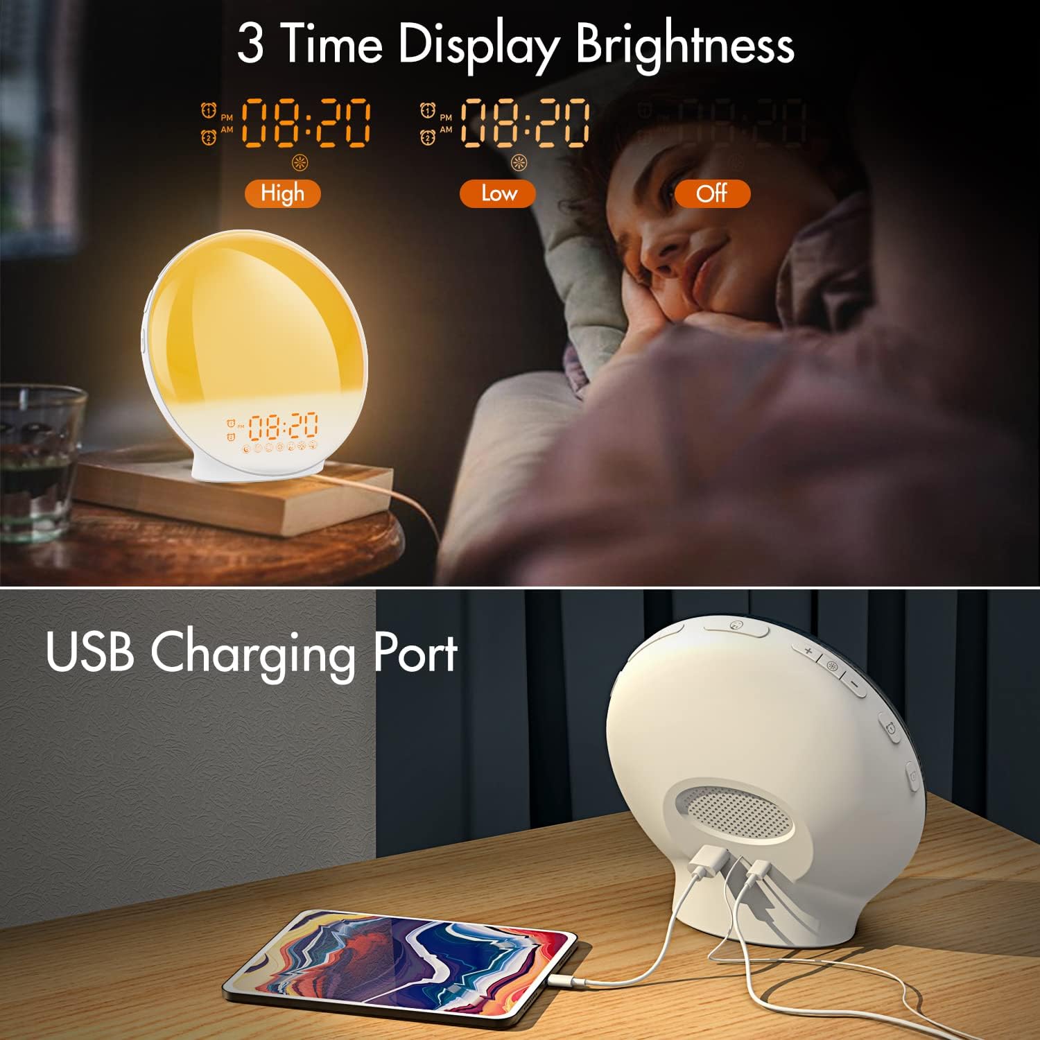 KEPLUG Sunrise Alarm Clock showing three time display brightness levels: High, Low, and Off, with a person sleeping in the background.