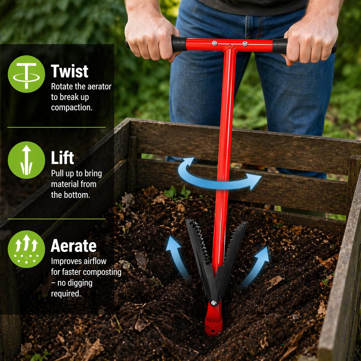 IRSTBL Herramienta aireadora de compost con termómetro, agitador de compost, acero resistente al óxido, mango antideslizante, juego de herramientas de mezcla de abono de jardín
