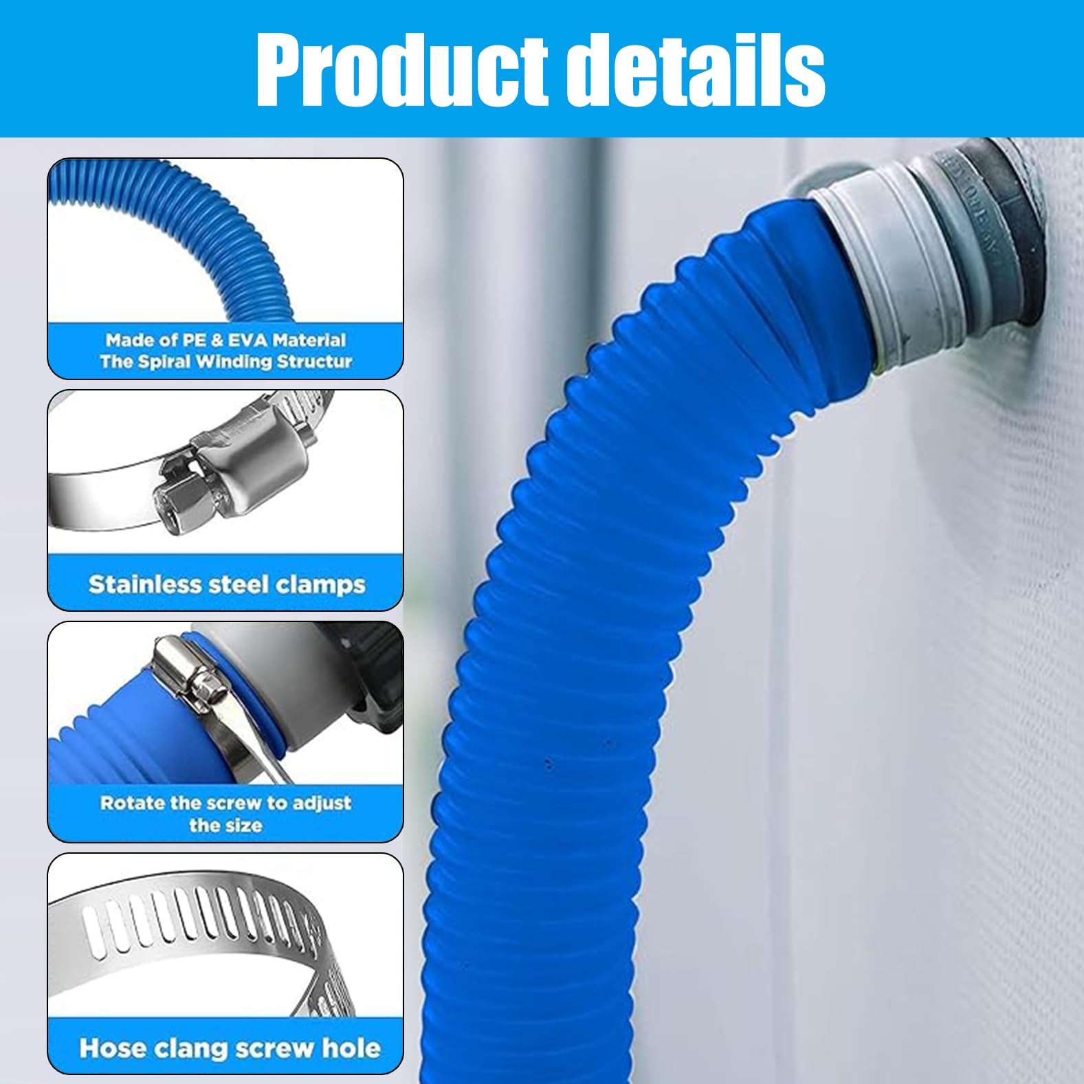 2 mangueras azules de piscina de 32 mm para bombas de piscina con 4 clips de seguridad y 1 conector de manguera, manguera de piscina de 150 cm de 32 mm, para bomba de filtro y piscina
