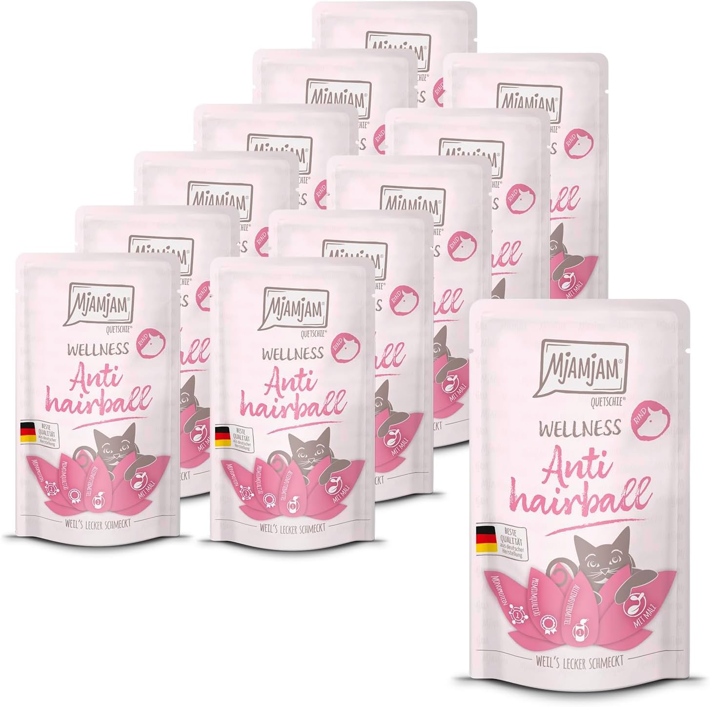MjAMjAM - Premium Nassfutter für Katzen - Wellness - Anti Hairball - Rind, 12er Pack (12 x 125g), getreidefrei